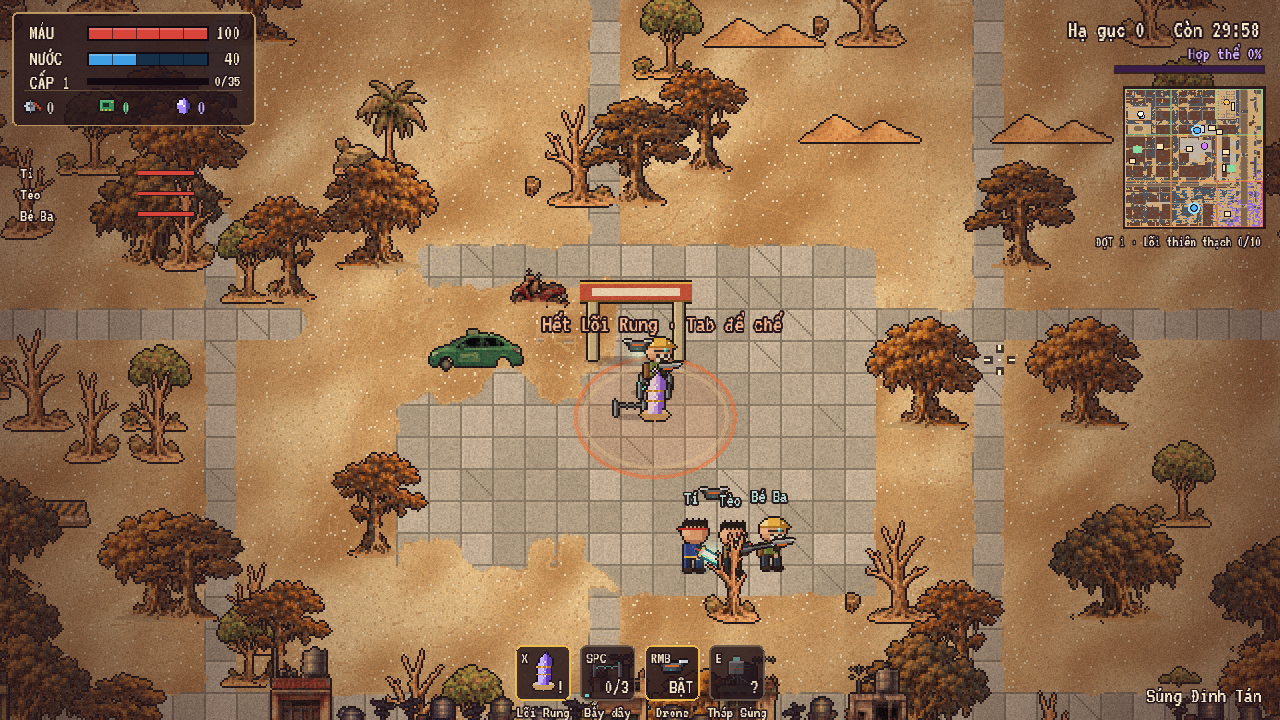 Kỹ sư cùng đồng đội đứng trong quảng trường phủ cát, HUD và minimap hiển thị đầy đủ